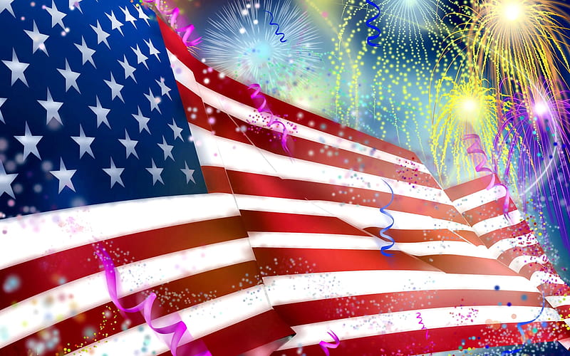 Independence Day Fireworks, art, holiday, celebration, bonito, illustration, artwork, flag, fireworks, painting, wide screen, occasion, 4th of July, patriotism, HD wallpaper