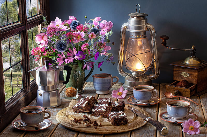 Still life with Coffee Pot, Coffee pot, Flowers, Lamp, Cakes, HD wallpaper