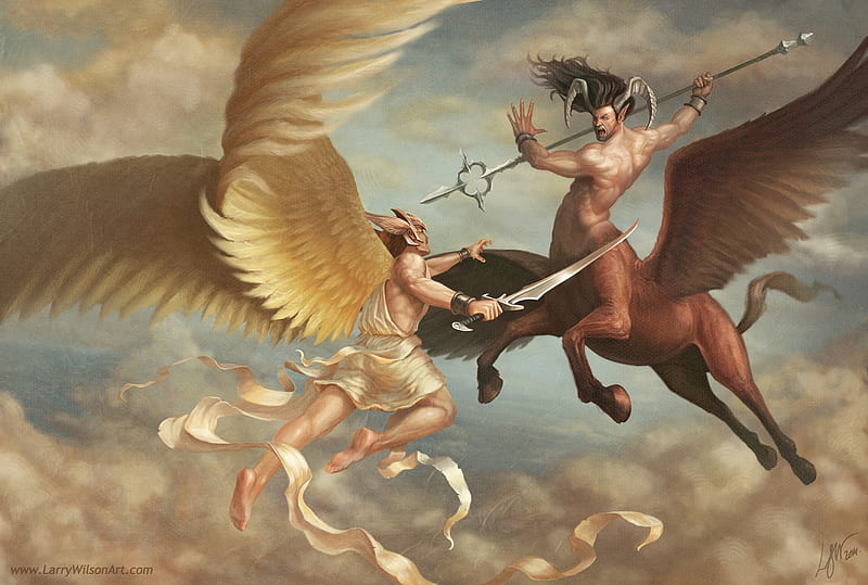 The fight, art, wings, cloud, luminos, angel, sky, fantasy, battle, larry wilson, fight, centaur, HD wallpaper