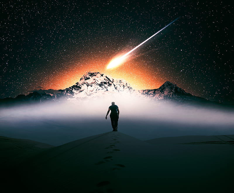 man, alone, desert, mountains, meteor, HD wallpaper