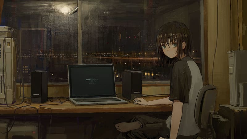 Anime, Room, Laptop, Computer, Original, Feet, Black Hair, HD wallpaper