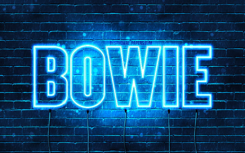 Bowie with names, horizontal text, Bowie name, Happy Birtay Bowie, blue neon lights, with Bowie name, HD wallpaper