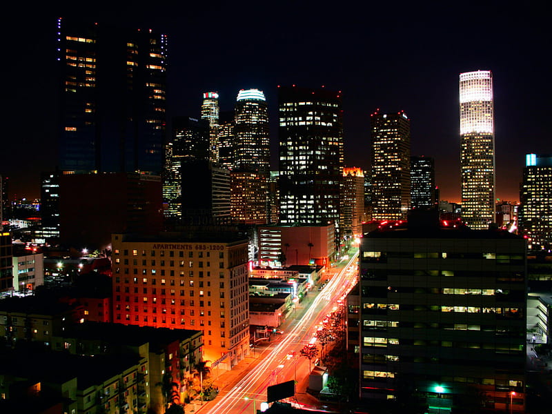 Los Angeles, architecture, city, lights, night, skyscrapers, HD wallpaper