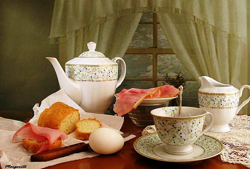 Breakfast, bread, tea, teapot, still life, drink, morning, table, window, food, pocelain, abstract, napkin, bacon, eggs, cup, milk, white, HD wallpaper