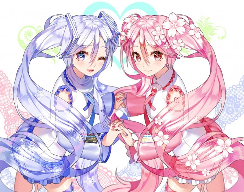 Vocaloid, lovly, pretty, dress, bonito, woman, sweet, anime, flowers, beauty, anime girl, long hair, pink, twins, blue, female, lovely, twintails, cute, girl, lady, HD wallpaper Vocaloid, lovly, pretty, dress, bonito, woman, sweet, anime, flowers, beauty, anime girl, long hair, pink, twins, blue, female, lovely, twintails, cute, girl, lady, HD wallpaper