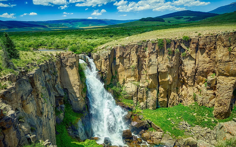 Colorado waterfall, summer, beautiful nature, cliffs, river, USA, America, rocks, american nature, HD wallpaper