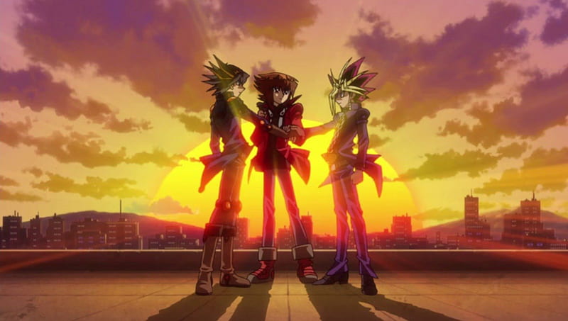 Yusei, Jaden, Yugi, games, sun, yusei, yugi, buildings, video games, sky, clouds, spiky hair, trio, anime, yugioh, jaden, yu-gi-oh, HD wallpaper