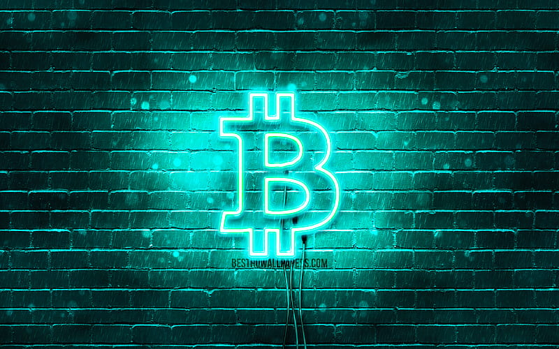 Bitcoin turquoise logo turquoise brickwall, Bitcoin logo, cryptocurrency, Bitcoin neon logo, Bitcoin, HD wallpaper