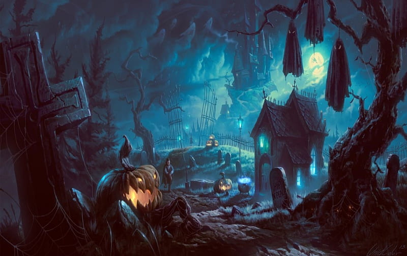 Halloween Night, ghosts, halloween, castle, kids, pumpkins, HD wallpaper