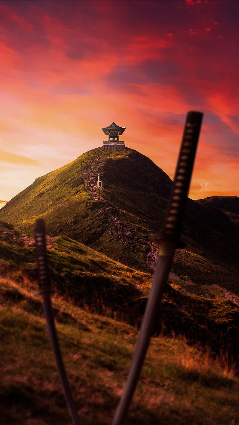 Katana, hill, japan, mountain, ninja, redxarts, samurai, sunset, temple, HD phone wallpaper