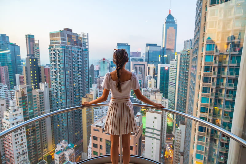 woman standing near gray stainless steel railings viewing city with high-rise buildings during daytime, HD wallpaper