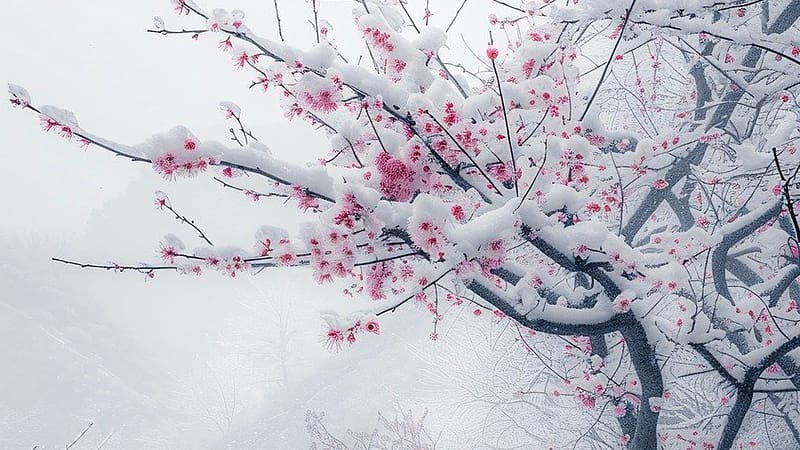 Springs First Cherry Blossoms, saskura, blossoms, winter, cherry, snow, spring, tree, HD wallpaper