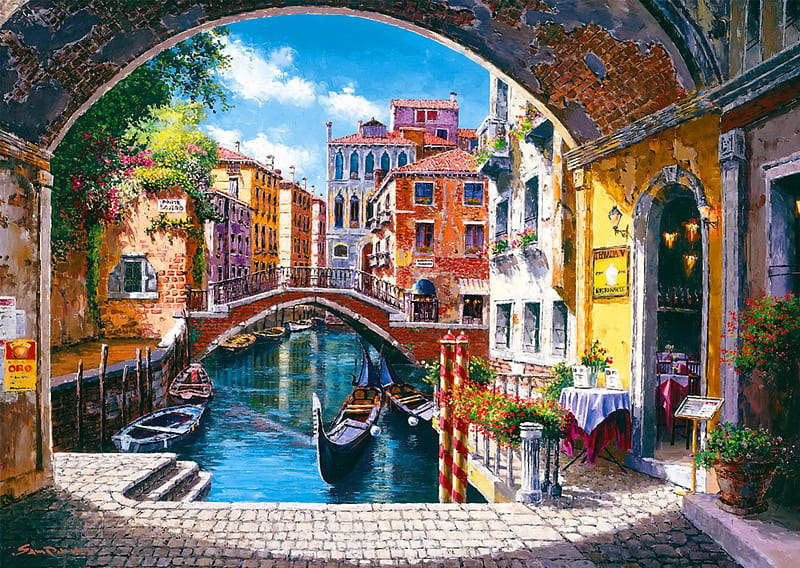 Venice, pretty, colorful, Italy, travel, bonito, nice, boats, bridge, painting, river, art, vacation, lovely, romantic, town, water, summer, walk, gondola, HD wallpaper