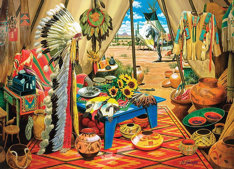 Trading Post, head, indian, teepee, post, native, american, feathers, pelts, dress, jewlery, HD wallpaper