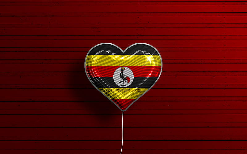 I Love Uganda realistic balloons, red wooden background, African countries, Ugandan flag heart, favorite countries, flag of Uganda, balloon with flag, Ugandan flag, Uganda, Love Uganda, HD wallpaper