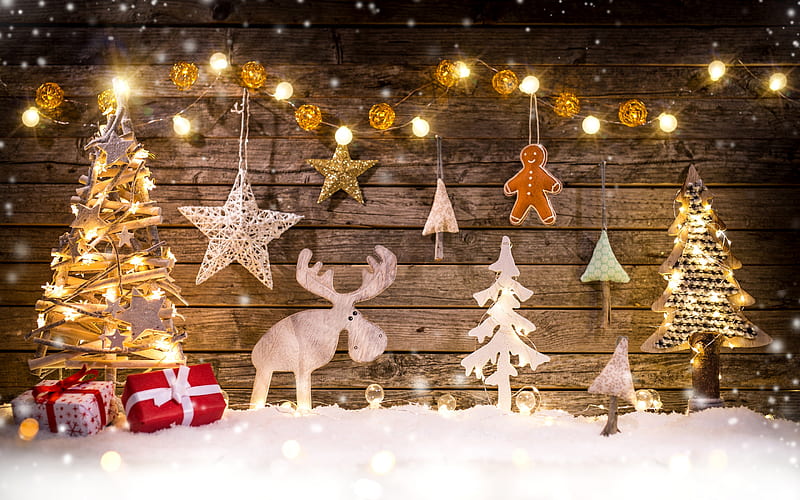 Christmas decoration, wooden figures, tree, lights, deer, wooden background, Happy New Year, Christmas, HD wallpaper