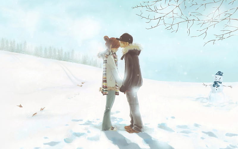 Cute couple in the snow, cute, snow, winter, couple, HD wallpaper