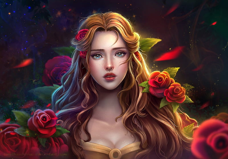 Rose Girl, face, roses, woman, art, digital, flowers, HD wallpaper