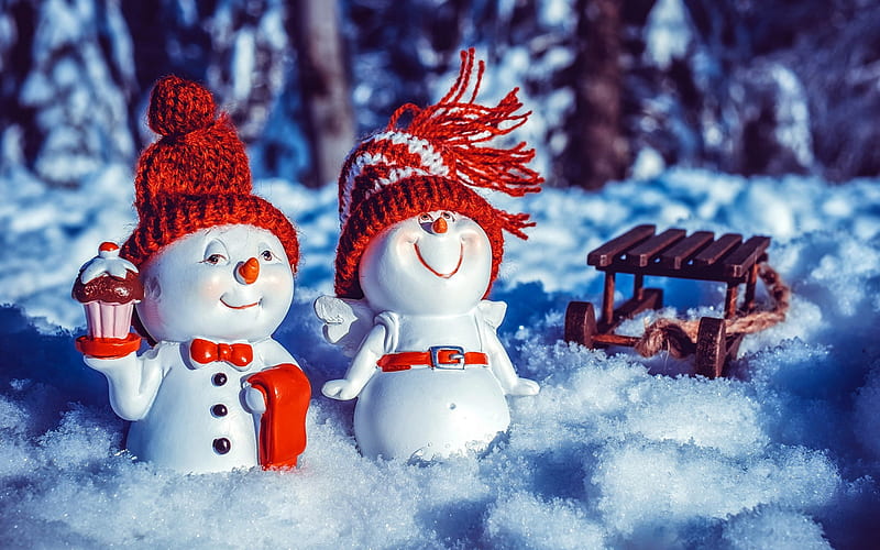 snowmen, christmas, winter, evening, funny snowmen, new year, snow, HD wallpaper