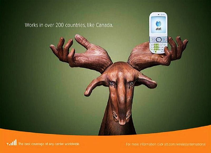 AT&T - Canada, captions, depiction of moose, cell phone, hands painted, phone, advertisement, canada, HD wallpaper