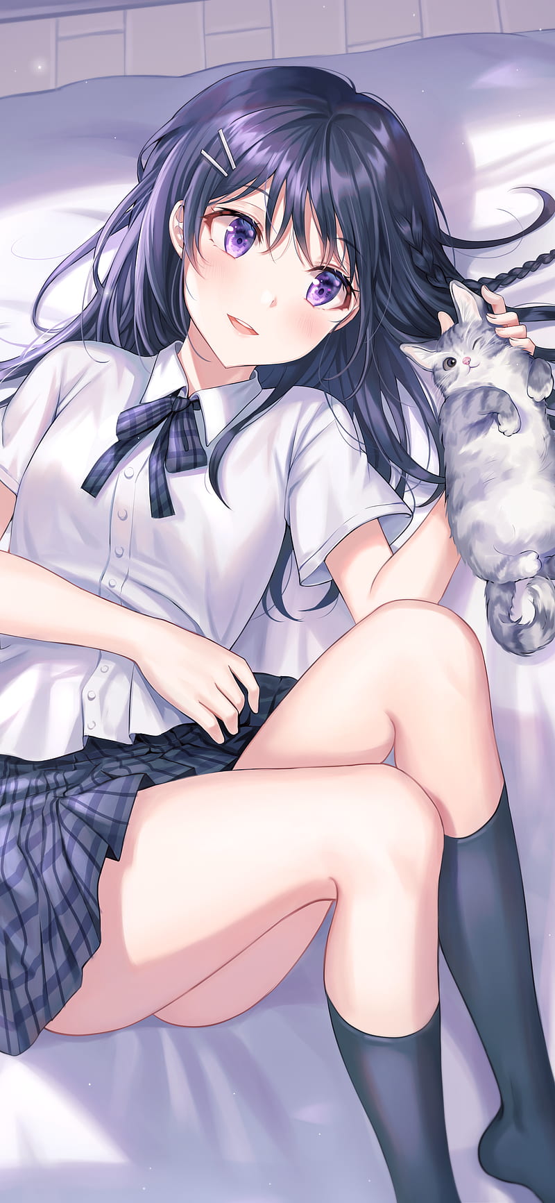 anime girls, school uniform, cats, thighs, anime, artwork, Tokkyu (artista), dark hair, purple eyes, HD phone wallpaper