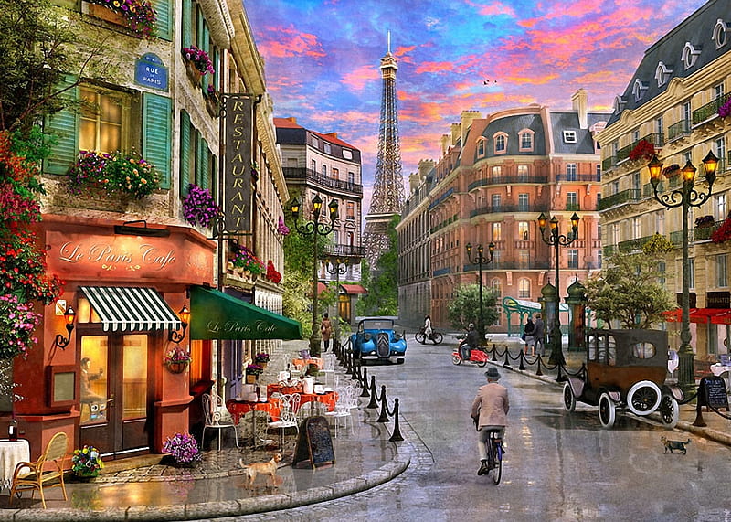 Parisian Street, carros, restaurant, houses, people, eiffel tower, painting, artwork, HD wallpaper