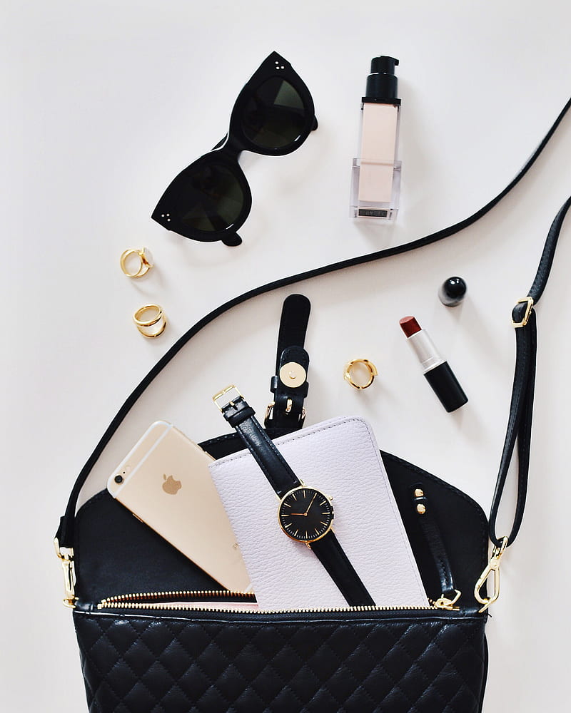 women's sunglasses and black bag with watch and iPhone 6, HD phone wallpaper
