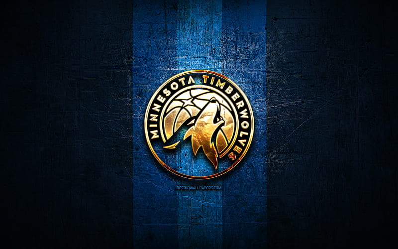 Minnesota Timberwolves, golden logo, NBA, blue metal background, american basketball club, Minnesota Timberwolves logo, basketball, USA, HD wallpaper