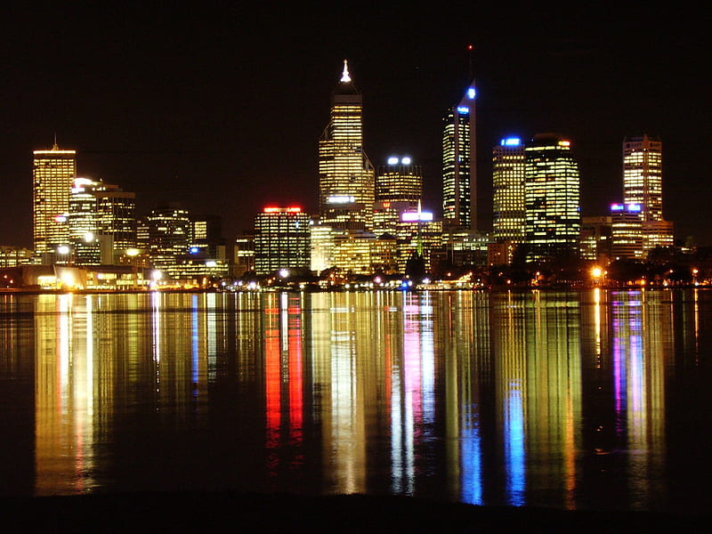 Perth Skyline at night, city, night lights, harbour, buildings, australia, reflection, HD wallpaper