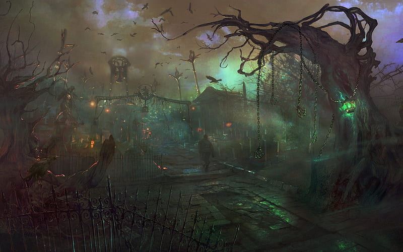 Dragon Knights, lantern, halloween, game, lights, tree, fantasy, green, scary, graveyard, HD wallpaper