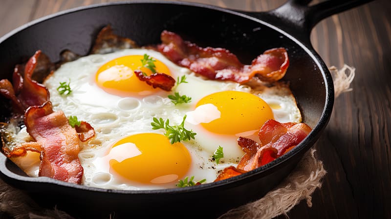Fried eggs with bacon, Frying pan, Breakfasrt, Egg yolk, Healthy, HD wallpaper
