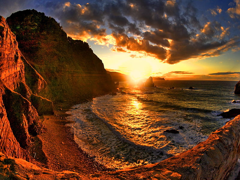 Sunlight over rough sea, rocks, sun, golden, ocean, sunlight, waves, sky, clouds, sea, beach, mountain, nature, reflection, coast, rough, HD wallpaper