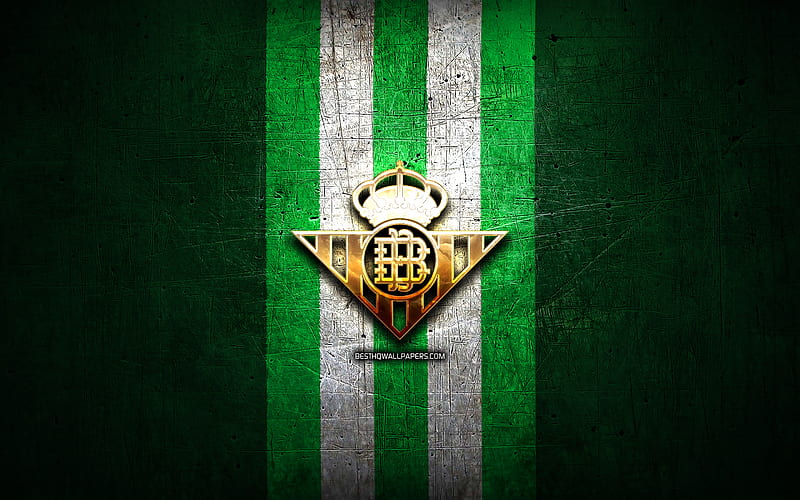 Real Betis, golden logo, La Liga, green metal background, football, Real Betis Balompie, spanish football club, Real Betis logo, soccer, LaLiga, Spain, HD wallpaper