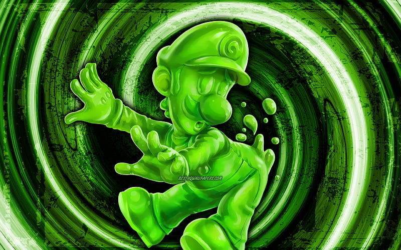 Gooigi, green grunge background, Super Mario, vortex, Super Mario characters, cartoon plumber, Super Mario Bros, Gooigi Super Mario, HD wallpaper