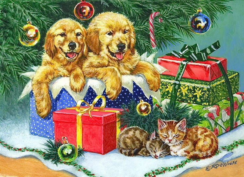 A menagerie under the tree, pretty, bonito, sweet, nice, puppies, painting, kitties, animals, art, lovely, holiday, christmas, decoration, kittens, winter, cute, tree, balls, cats, menagerie, gifts, HD wallpaper