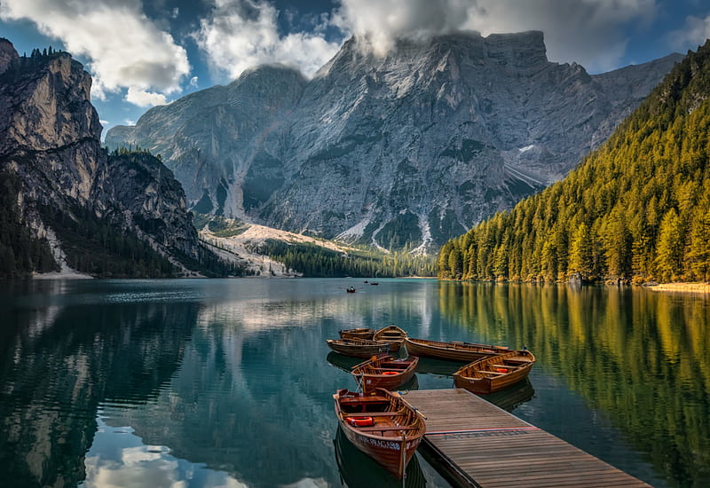Vehicles, Boat, Dolomites, Italy, Lake, Mountain, South Tyrol, HD wallpaper