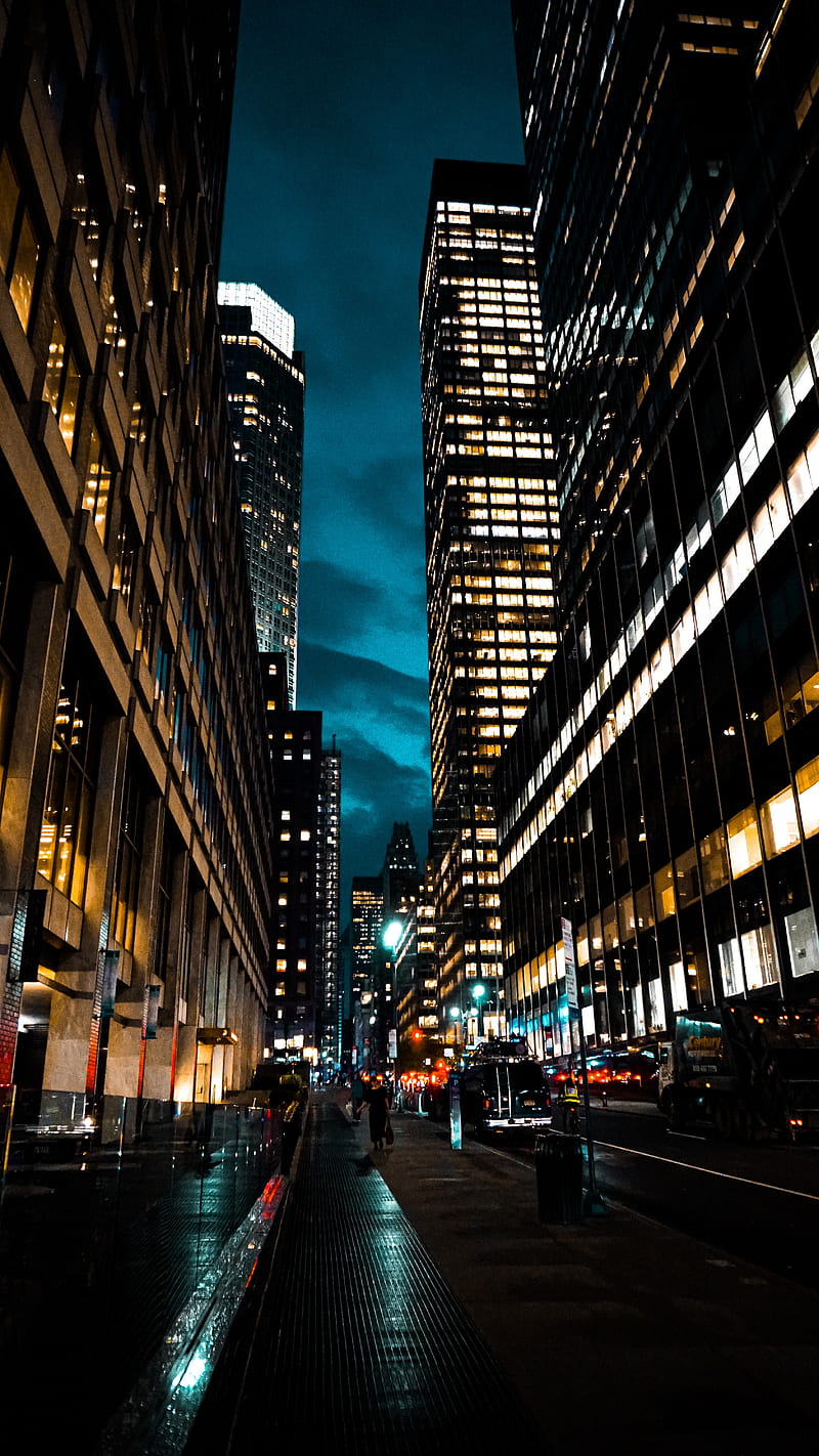 street, city, dark, buildings, skyscrapers, HD phone wallpaper