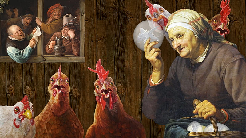 It's all ova, egg, old woman, art, fantasy, bird, chicken, funny, vikki truver, pasari, HD wallpaper