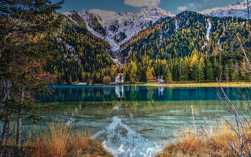 mountain lake, winter, evening, mountain landscape, forest, Alps, HD wallpaper