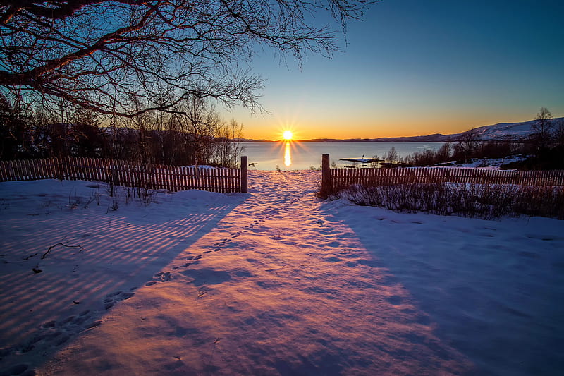 Winter sun, sun, snow, bonito, sunset, sunrise, winter, lake, HD wallpaper