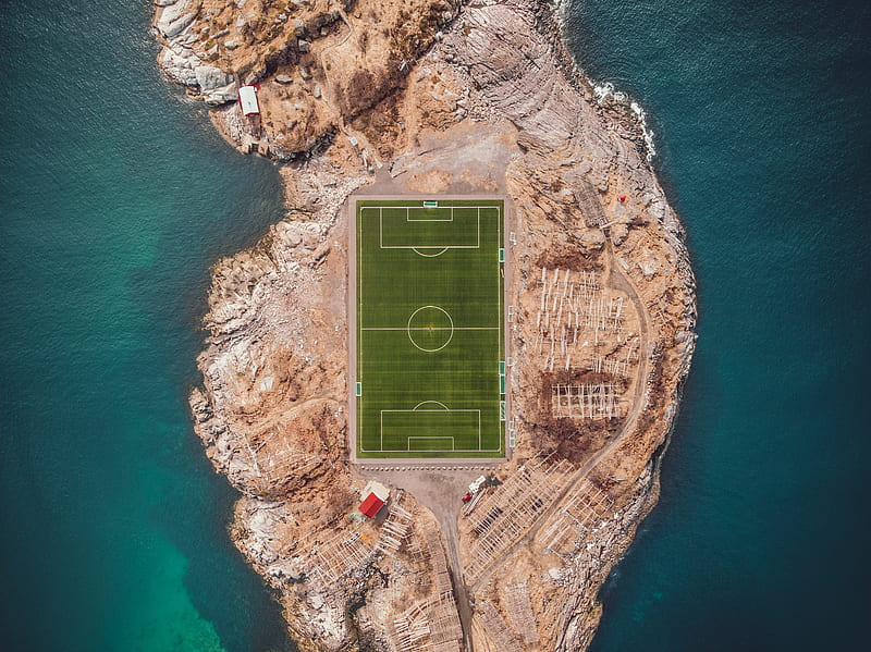aerial graphy of soccer field near body of water, HD wallpaper
