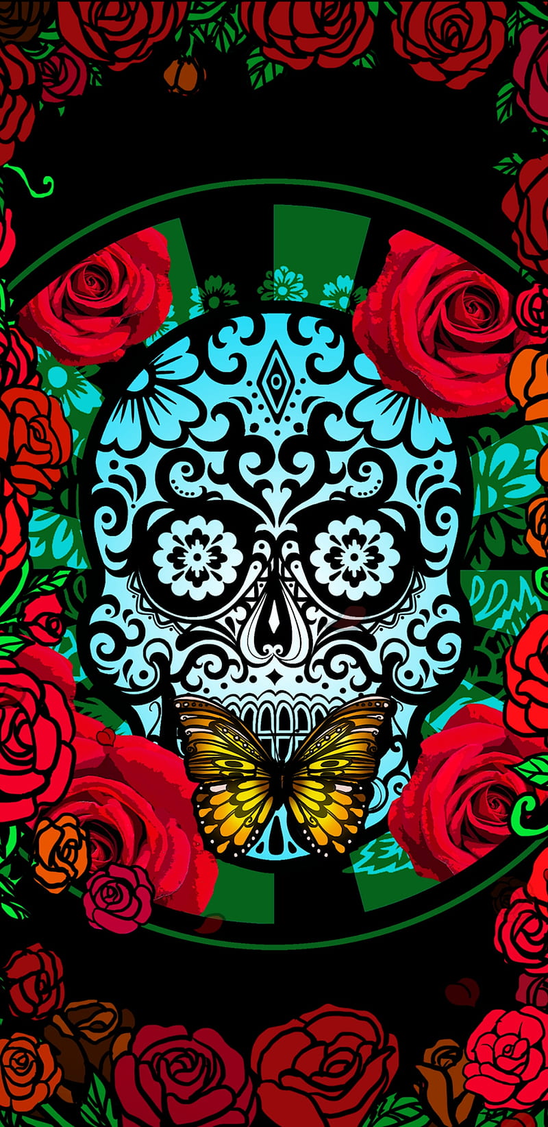 Skull N Butterfly, butterflies, floral, flower, girly, pretty, red, rose, roses, HD phone wallpaper