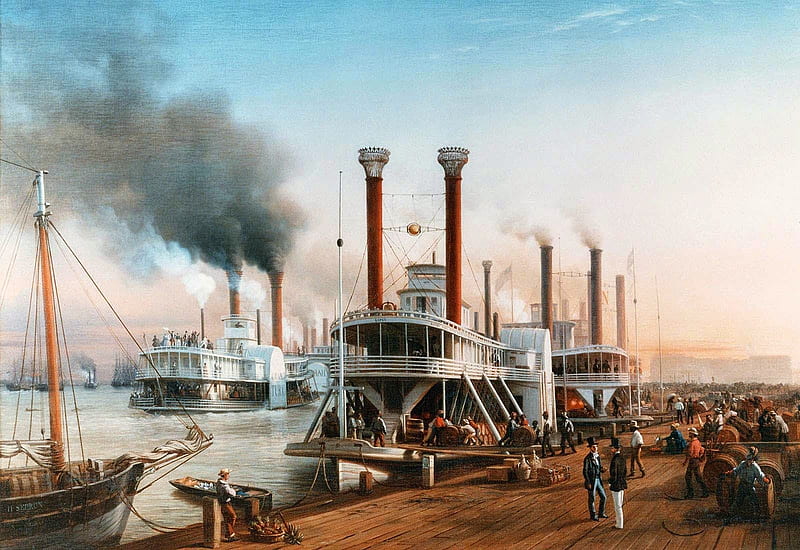 Giants of Steamships, paddle steamer, painting, river, steam, vintage, HD wallpaper