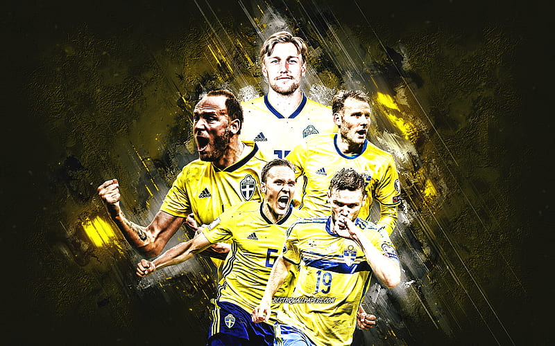 Sweden national football team, yellow stone background, Sweden, football, Marcus Berg, Andreas Granqvist, Emil Forsberg, HD wallpaper