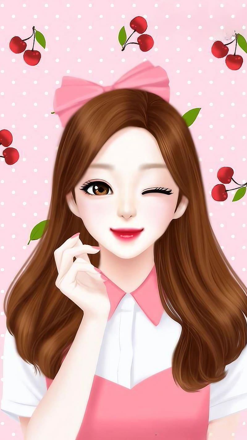 Cute Korean Girl, Cherry Background, painting art, wink, HD phone wallpaper