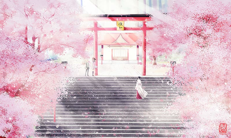 Anime, Petal, Dress, Cherry Blossom, Shrine, Long Hair, Brown Hair, Yukine (Noragami), Noragami, Yato (Noragami), HD wallpaper
