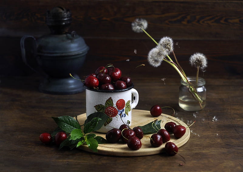Fruits, Cherry, Dandelion, Fruit, Still Life, HD wallpaper
