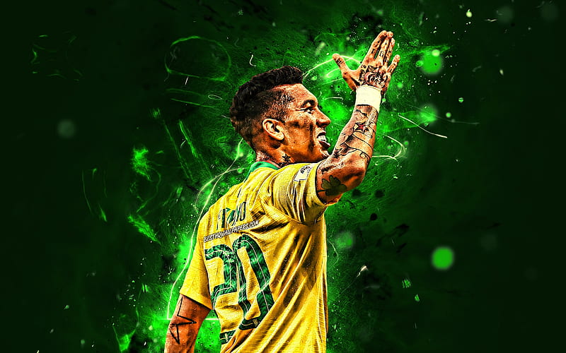 Roberto Firmino, back view, Brazil National Team, joy, soccer, Roberto Firmino Barbosa de Oliveira, Brazilian football team, Firmino, footballers, neon lights, HD wallpaper