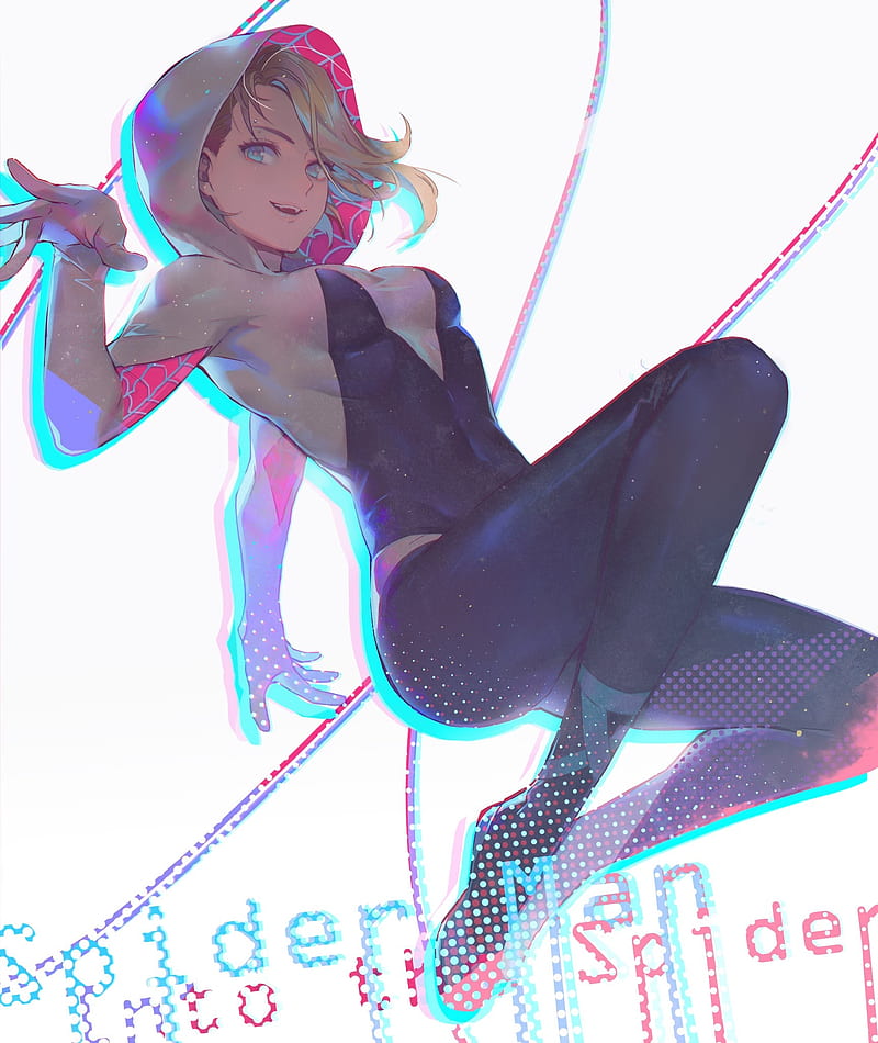 Gwen Stacy, Spider Gwen, Spider-Gwen, Spider-Man, Marvel Comics, blonde, digital art, artwork, drawing, tight clothing, illustration, Spider-Man: Into the Spider-Verse, blue eyes, cyan, Ghost Spider, HD mobile wallpaper