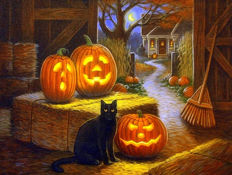 Cat-O-Lantern, moons, fall season, autumn, holiday, halloween, love four seasons, barn, paintings, cats, jack-o-lanterns, animals, pumpkins, HD wallpaper